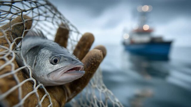 Gloved hand holding fish in net with boat on blurred water in background