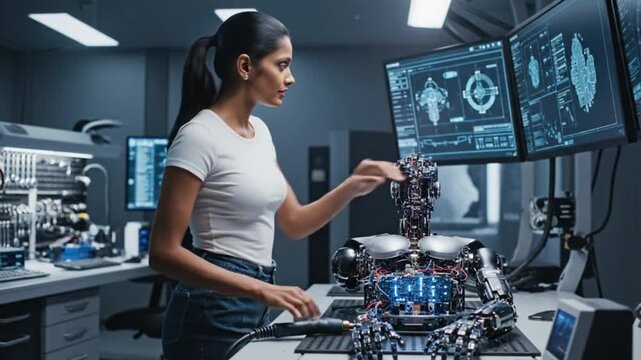 Attractive Indian woman building a robot in her high-tech laboratory