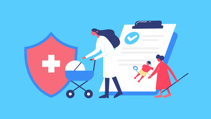 Healthcare professional with baby stroller and family near medical shield and insurance document with checkmark