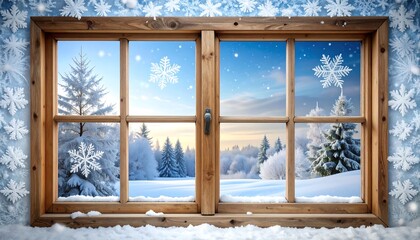Frosted window frame featuring delicate snowflake patterns