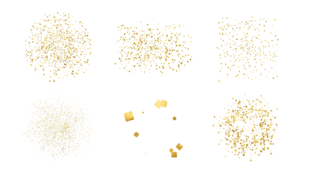 Six abstract golden glitter bursts and confetti explosions isolated on transparent background