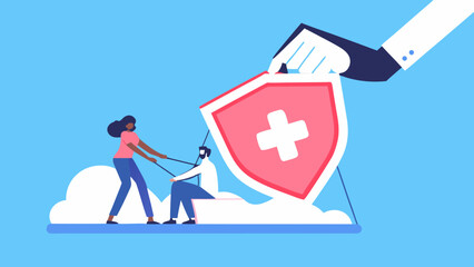 Diverse people working together to hold up a large shield with a medical cross symbolizing healthcare protection and support