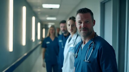 A medical professional in scrubs with a stethoscope stands in a hospital corridor. The corridor is illuminated by fluorescent lights, and the walls are painted in a light blue hue.