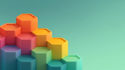 Colorful hexagonal shapes stacked in a creative arrangement showcasing modern design aesthetics and vibrant hues on a minimalist background