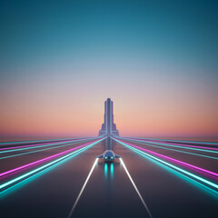 Futuristic Car on Illuminated Road to Building