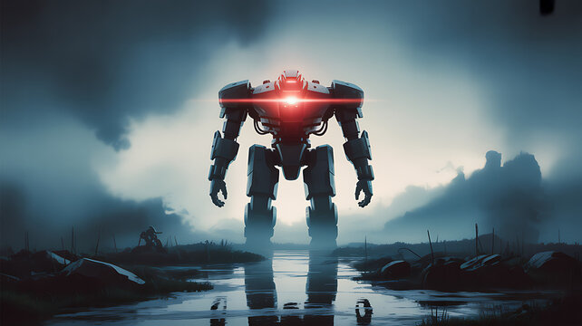 A colossal robot with red glowing eyes dominates a misty, desolate landscape