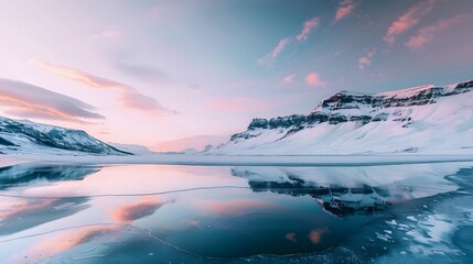 Frozen Lake Reflecting Snowy Mountains and Pink Sky in Serene Winter Landscape Scene