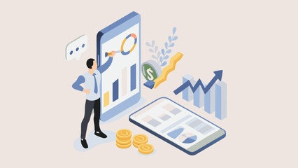 Man analyzing financial charts on a smartphone with coins and growth graphs indicating business success and investment growth