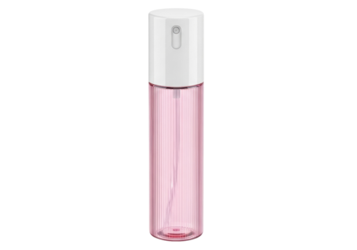 Pink spray bottle isolated PNG on transparent background, refillable fine mist atomizer for travel and personal care products