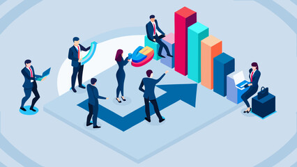 Business team collaborating around a colorful bar graph and pie chart with upward trending arrows indicating growth and success