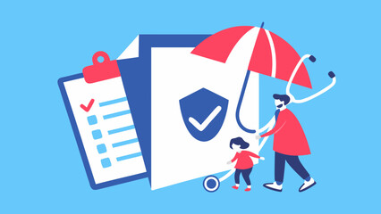 Father and child protected by an umbrella and stethoscope with insurance documents and shield icon symbolizing safety and healthcare