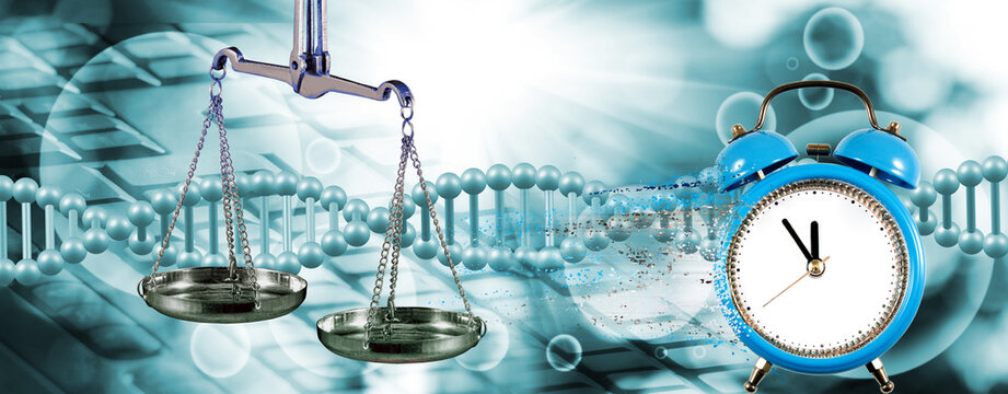 Legal balance and time in a digital world with DNA strands and clock symbolizing justice and technology
