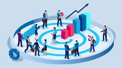 Business professionals collaborating around a circular chart with rising bar graphs and an upward trending arrow indicating growth and success