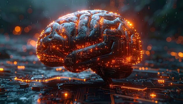 Central circuitry within computerized brain digital representation of advanced computer brain highlighting its essential central circuit component