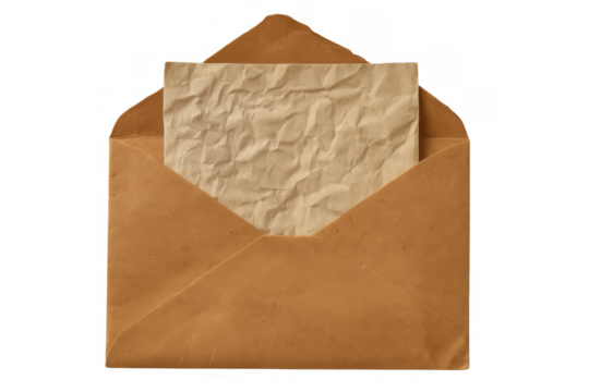Old brown envelope opening, revealing crumpled vintage paper for message. Mail, communication, and historical document concept