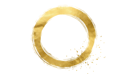 Hand painted golden oval shape with paint splatters isolated on transparent background