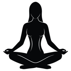 Silhouette of a woman in lotus position isolated on white background, meditating peacefully