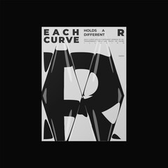 Abstract poster design with letter R and liquid glass distortion and refraction effects. Composition blending typography, reflection, and optical illusion.