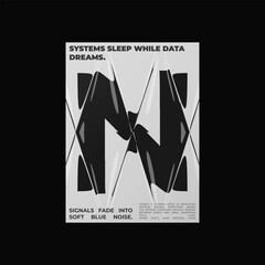 Abstract poster design with letter N and liquid glass distortion and refraction effects. Composition blending typography, reflection, and optical illusion.