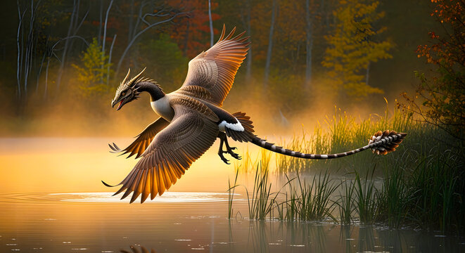 Majestic Microraptor Soaring Over Misty Waters at Sunset