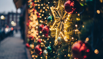 Colorful glowing holiday banner with bokeh Christmas lights.