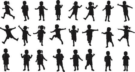 Silhouette of happy children playing, jumping, running and dancing together, joyful kids illustration isolated on white background