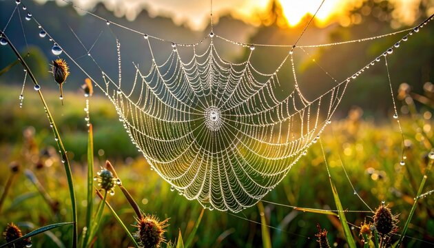 Spider web in open field intricate spider web glistens delicately suspended in open field capturing morning dew