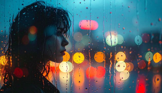 Solitude in the Storm: A contemplative figure gazes out of a rain-streaked window, lost in thought against a backdrop of blurred city lights, evoking a sense of introspection and melancholy.