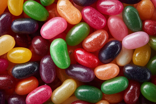 Realistic close up of colorful jelly beans covering the surface creating a vibrant sweet background