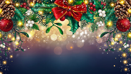 Colorful glowing holiday banner with bokeh Christmas lights.