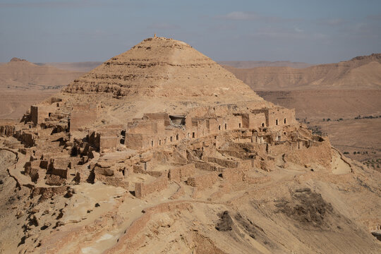 View of Ksar Guermessa located under the peak of Ras Oum Moutmana, Tunisia
