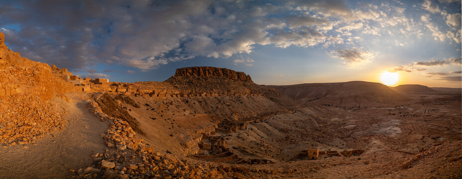 View of Ksar Guermessa located under the peak of Ras Oum Moutmana, Tunisia
