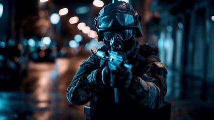 A firstperson perspective of a soldier in tactical gear, set against a nighttime cityscape with bokeh lights. The soldier is wearing a helmet with goggles and a gas mask, and is holding a rifle. - Powered by Adobe