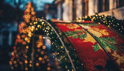 Colorful glowing holiday banner with bokeh Christmas lights.