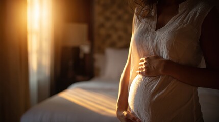Pregnant Woman in Soft Morning Light Touching Her Belly in a Cozy Bedroom Setting