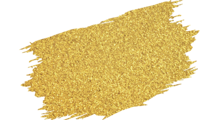Golden glitter paint brush stroke texture with sparkling particles isolated on transparent background