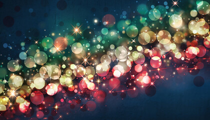 Colorful glowing holiday banner with bokeh Christmas lights.