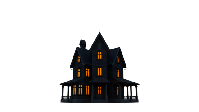 A dark gothic house glows with warm light in the night, isolated transparent png.