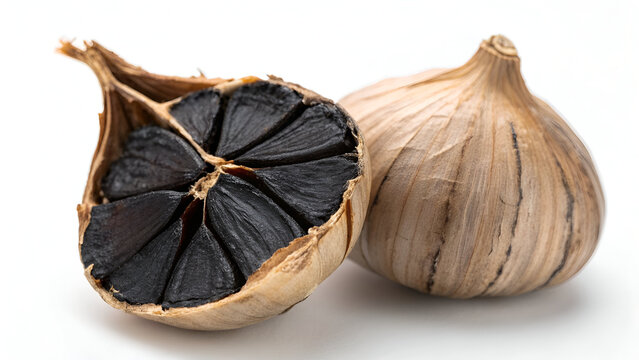 Single bulb of black garlic isolated on white background. This fermented food is a delicacy with a unique umami flavor and is used as a gourmet ingredient.
