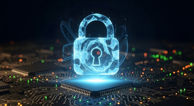 Futuristic digital lock symbol illuminates over a microchip circuit board representing cybersecurity and data protection - Powered by Adobe