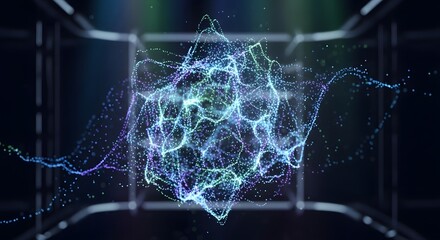 Abstract glowing blue and purple energy vortex with connected lines and particles in a dark futuristic chamber