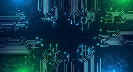 Abstract digital circuit board pattern with glowing blue and green lines on a dark background