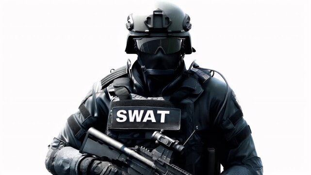 SWAT soldier in tactical gear with helmet and rifleswat officer in tactical attire with swat badge and riflehelmet.