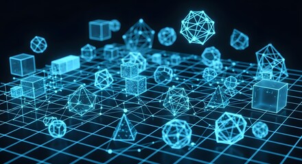 Abstract futuristic glowing geometric shapes and crystals arranged on a digital grid with a dark background
