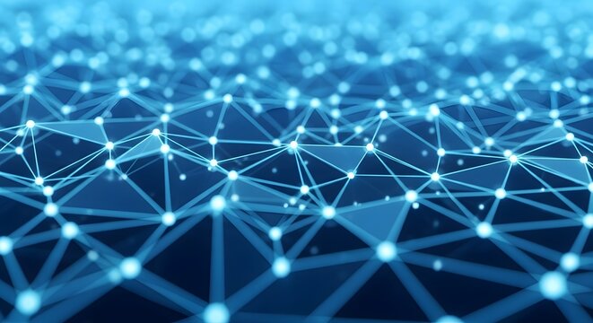 Abstract glowing blue digital network of interconnected nodes and lines representing data flow and technology