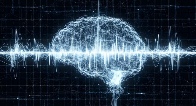 Abstract glowing digital brain with vibrant blue light and sound wave visualization on dark background