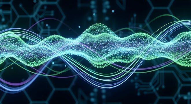 Abstract glowing digital waveform and data streams representing sound waves and scientific data visualization