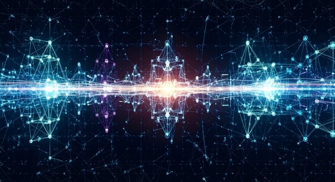Abstract digital network visualization of glowing blue and purple lights expanding outward from a bright center - Powered by Adobe