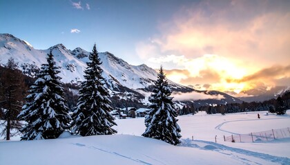 Snowy mountain landscape with evergreen trees at sunset in winter.