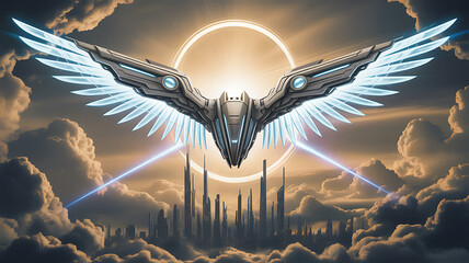 Futuristic metallic winged spacecraft with glowing light flies through the cloudy sky above a metropolis